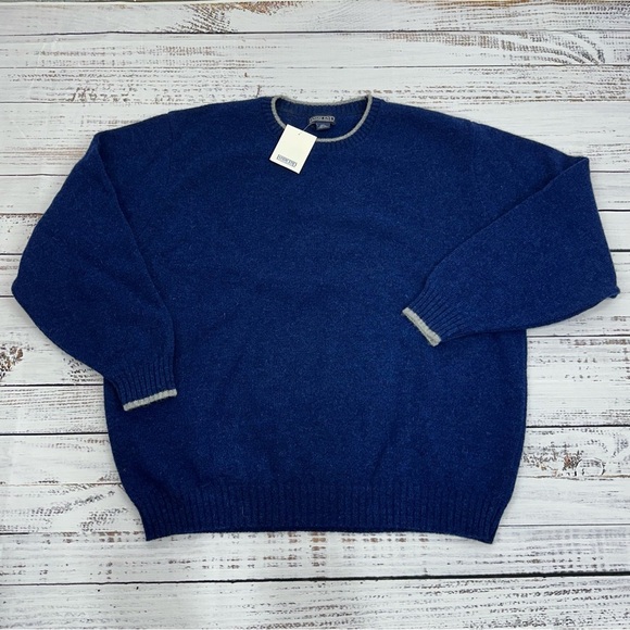 Lands' End Men’s Size XXL Navy Blue Gray Trim 100% Wool Crew Neck Sweater NEW - Picture 1 of 8